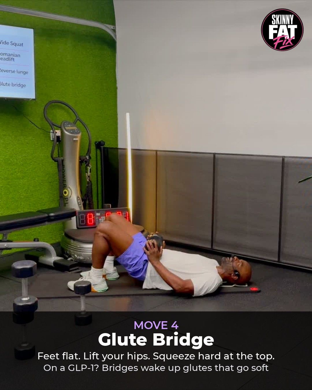 Coach RJ demonstrating the glute bridge with a dumbbell