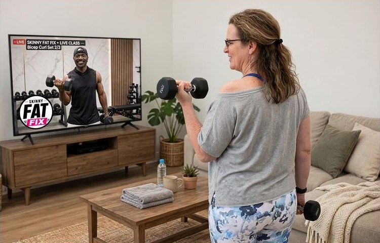 A patient at home doing a live Skinny Fat Fix workout, with Coach RJ coaching live on the TV